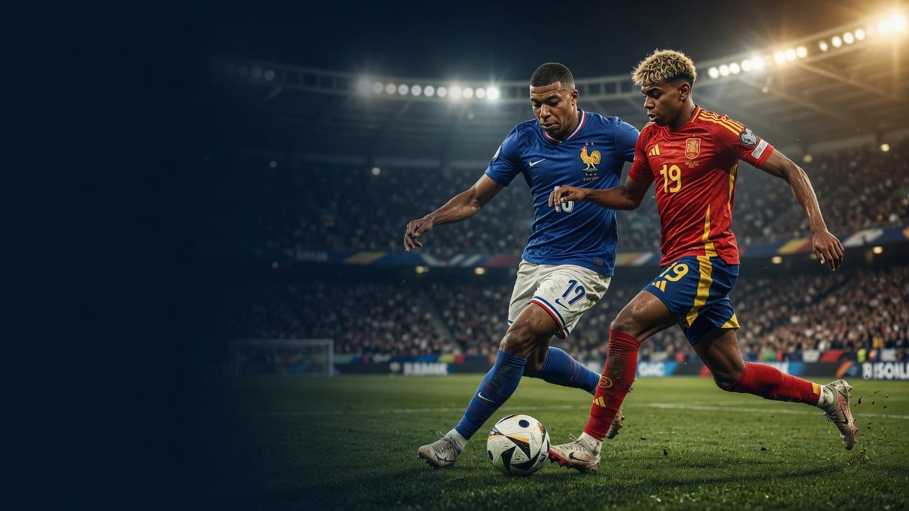 Football match duel under stadium lights